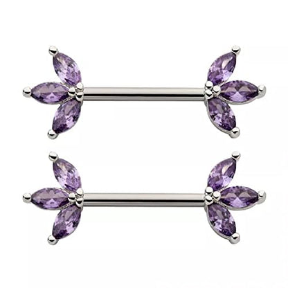 Pierced Owl 14GA 316L Stainless Steel Triple CZ Crystal Marquise Ends Nipple Barbells, Sold as a Pair - style: Silver Tone/Purple