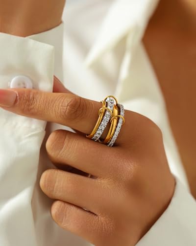 14K Gold Plated Stackable Rings for Women – 4-Piece Mixed Metal Ring Stack Set with Cubic Zirconia, Gold Silver Stacked, Two Tone Connected, Interlocking Statement Jewelry, Size 10