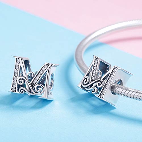 BISAER 925 Sterling Silver Initial Letter A-Z Charms for Bracelets Alphabet Beads Charm Jewelry Gifts - color: Letter M