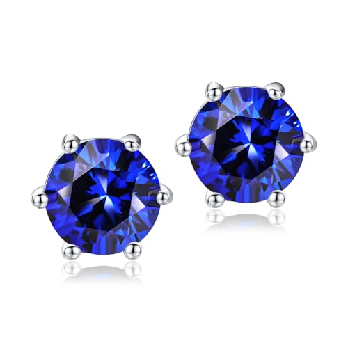 DAYBYDAY 925 Sterling Silver Birthstone Earrings for Women, Crystal Stud Earrings, 6.5mm Round Cut Solitaire Gemstone Earrings Birthday Jewelry - style: Round Cut-09. Sep/created blue sapphire