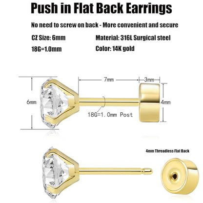 Threadless Flat Back Earrings, Hypoallergenic 14K Real Gold Plated CZ Stud Earrings | Cartilage Earring | Tragus Helix Piercing Jewelry | Push in Flatback Earrings for Women Men - color: 14K Gold, size: 6 Millimeters