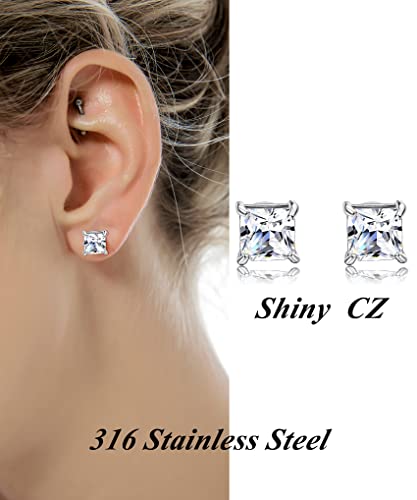 Tornito 6 Pairs 20G Stainless Steel Stud Earrings Square Cubic Zirconia Earring Set For Men Women 3MM-8MM Silver Tone - style: B:6 Pairs,Square CZ