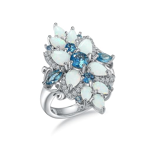 Statement Flower Ring Cocktail Leaf Ring Birthstone Anniversary Signet Ring | Hypoallergenic|14K Gold Plated|Sterling Silver Sparkling Engagement Promise Party Ring for Women, Size 6 to 10(With Box) - color: Opal