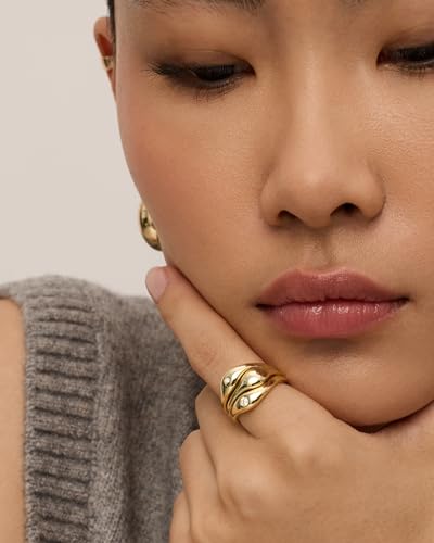 PAVOI 14K Gold Plated Chunky Stackable Rings Set for Women | Cubic Zirconia Bands Set | 3 Statement Rings Pack - color: Yellow Gold, size: 5, style: CZ