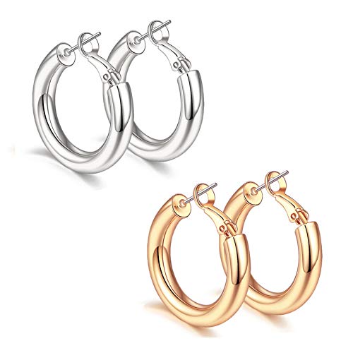 sovesi Chunky Hoop Earrings for Women, 14K Gold Plated Thick Hoops | 5mm Thick Hollow Tube Chunky Lightweight Hypoallergenic Hoop Earrings for Women - style: Silver and Rose Gold 25MM