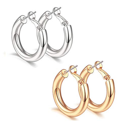 sovesi Chunky Hoop Earrings for Women, 14K Gold Plated Thick Hoops | 5mm Thick Hollow Tube Chunky Lightweight Hypoallergenic Hoop Earrings for Women - style: Silver and Rose Gold 25MM