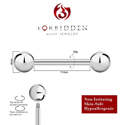 Forbidden Body Jewelry nipple barbell, nipple bars, silver nipplerings piercing Surgical Steel 8g - 18g Straight Barbell Body Jewelry (Sold Individually) - style: 16G 11mm (7/16") 4mm Balls