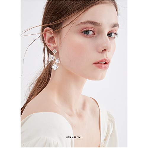 CZ Bridal Earrings for Wedding - 14k Plated Sterling Silver Elegant Teardrop Cubic Zirconia Crystal Rhinestone Floarl Leaf Cluster Chandelier Statement Dangle Drop Earrings for Bride Bridesmaids Party - color: 4 Square - Rose Gold