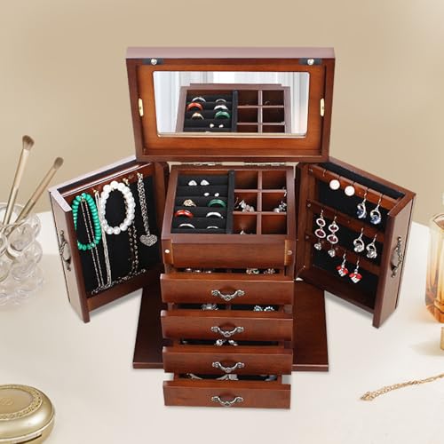 Large Wooden Jewelry Box with Built-in Mirror, 5 Drawers Jewelry Case with Side Organizer, Watches Necklace Ring Storage Box for Women