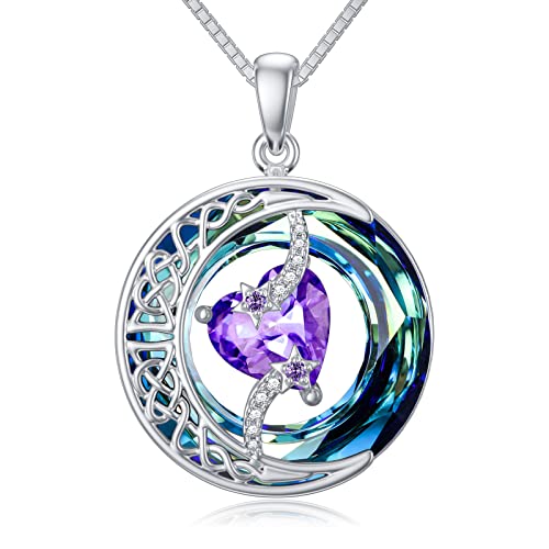 TOUPOP Birthstone Necklace Women Sterling Silver Moon Star Birthday Jewelry | Celtic Moon Pendant with Blue Crystal Anniversary Christmas Jewelry Gifts for Wife Mom Her - color: A-02-Amethyst