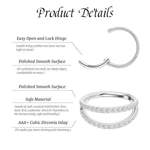 GAGABODY 2 Pcs Nose Rings 22G 20G 18G 16G 14G 12G 10G 8G Surgical Steel Piercing Rings for Nose Septum Cartilage Helix Tragus Conch Rook Daith Lobe from 5mm to 16mm Seamless Hoop Unisex Hinged Earrings - color: Silver-Single CZ+Double CZ