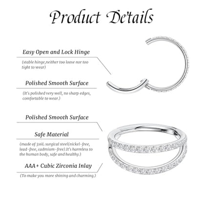 GAGABODY 2 Pcs Nose Rings 22G 20G 18G 16G 14G 12G 10G 8G Surgical Steel Piercing Rings for Nose Septum Cartilage Helix Tragus Conch Rook Daith Lobe from 5mm to 16mm Seamless Hoop Unisex Hinged Earrings - color: Silver-Single CZ+Double CZ