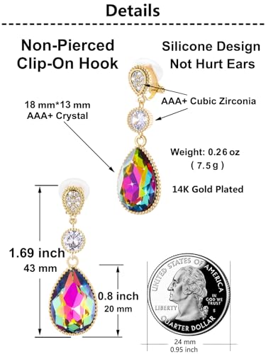 Clip On 18 * 13MM Big Crystal Dangle Non Pierced Earrings for Women 14K Gold Plated Jewelry - color: Jun-Lavender-Rose Gold Plated