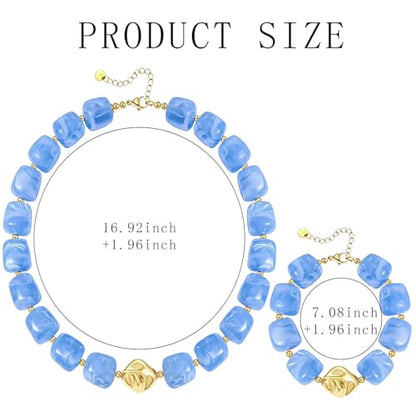 NEWITIN 2 Pieces Summer Beach Jewelry for Women Chunky Beaded Necklace Bracelet Trendy Big Resin Beaded Choker Boho Charm Statement Colorful Jewelry Set for Women - color: Blue