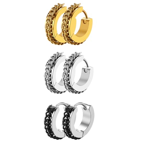 Aroncent Stainless Steel Hoop Earrings: 3-8 Pairs Men Small Hoop Huggie Hinged Earrings Set for Men Women 4mm Valentine Day Gifts - color: C-3PCS-Sliver+Black+Gold