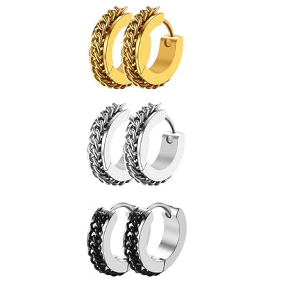 Aroncent Stainless Steel Hoop Earrings: 3-8 Pairs Men Small Hoop Huggie Hinged Earrings Set for Men Women 4mm Valentine Day Gifts - color: C-3PCS-Sliver+Black+Gold