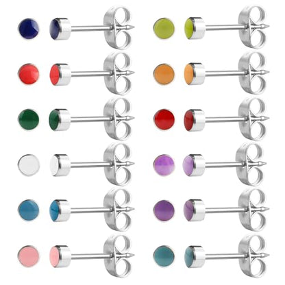 12 Pairs Ear Piercing Stud Earrings for Ear Piercing Guns, Surgical Stainless Steel Multicolor Round Heart Star Cubic Zirconia Birthstone Stud Earrings Set - style: Silver enamel 4mm