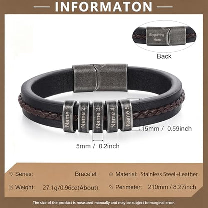 Personalized Bracelet for Men, Engraved Name Bead Braided Leather Bracelet for Dad Husband Grandpa Son, Custom Stainless Steel Men's Bracelet - color: 5 names