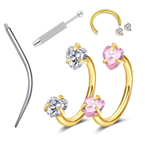 18G 20G Horseshoe Nose Rings Studs,Surgical Steel Nose Ring Pink Cubic Zirconia Nose Piercing,Internally Threaded Nose Rings For Women,Pink and Silver Zirconia - color: 18G-Gold-Heart