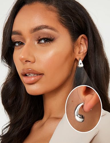 BESTEEL 3Pairs Clip on Earrings for Women Trendy Chunky Hoops Fake Earrings | Hypoallergenic 14K Gold Plated Lightweight Tube Croissant Waterdrop Clip-on Earrings Set Non Pierced Earrings Jewelry Gift - color: Silver-Stylish