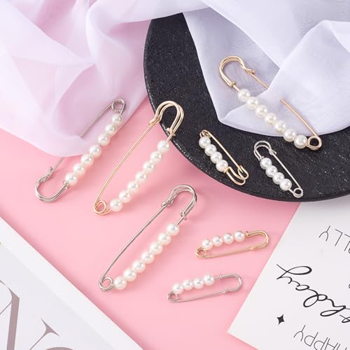 HINZIC 12Pcs Pearl Brooch Safety Pins 2.7inch 1.45 inch Gold Silver Faux Clothing Charms Fashion Pants Clips to Tighten Waist Large Sweater Shawl Pins for Women Socks Dress Decorative Accessories