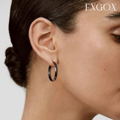 EXGOX 5mm Wide Gold Hoop Earrings for Women,Sterling Silver Hoop Earrings Large Silver Hoop Earrings Hypoallergenic Lightweight 14K Real Gold Plated Big Hoop Earrings for Women 30/40/50/60/70mm - color: Black Hoop-30mm