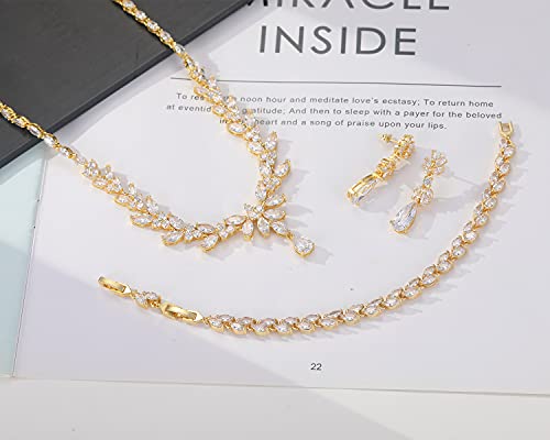Jewelry Set for Women, Cubic Zirconia Necklace Dangle Earrings & Bracelet Jewelry Set for Bride Bridesmaid Wedding Engagement Prom Party - style: Gold-Necklace+Bracelet+Earrings