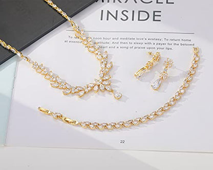 Jewelry Set for Women, Cubic Zirconia Necklace Dangle Earrings & Bracelet Jewelry Set for Bride Bridesmaid Wedding Engagement Prom Party - style: Gold-Necklace+Bracelet+Earrings