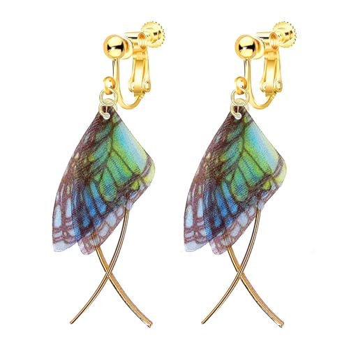 Clip on Crystal Butterfly Wing Drop Dangle Earrings for Women, Non Pierced, Multicolored Moth Butterfly Earrings, Pearl Tassel Jewelry Pink Blue Green - color: Green B