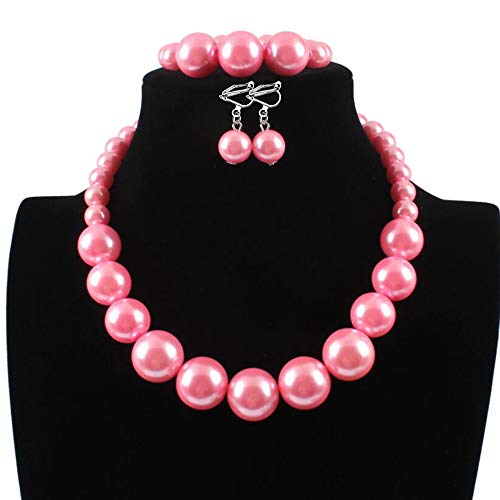 Bridal Wedding Faux Pearl Statement Necklace and Clip on Earrings Bracelet Jewelry Sets Women Bib Choker Necklace - color: Pink-Necklace+Bracelet+Clip Earrings
