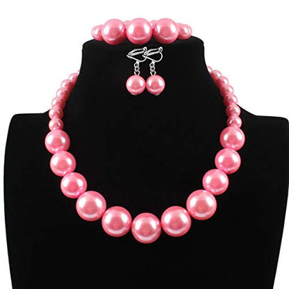 Bridal Wedding Faux Pearl Statement Necklace and Clip on Earrings Bracelet Jewelry Sets Women Bib Choker Necklace - color: Pink-Necklace+Bracelet+Clip Earrings
