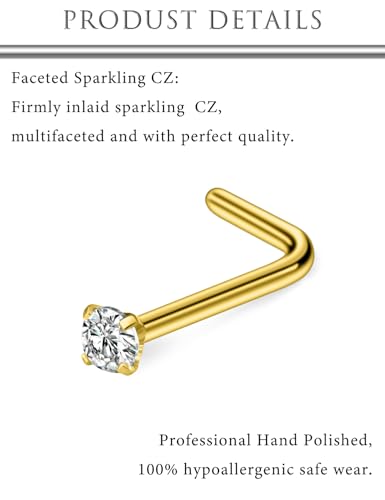 Hoeudjo Nose Studs Surgical Steel Cubic Zirconia Nose Rings Kit for Women Men Tiny Nose Stud Screw & Bone & L Shaped Nostril Piercing Jewelry 24-18 Gauge 20 Pieces Set - color: gold-tone,L-shaped nose studs, size: 22g/2.0mm clear CZ