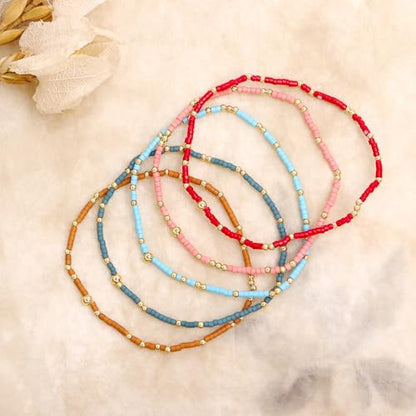 Gold Seed Beaded Bracelets Set for Women, Boho Handmade Friendship Stretch Summer Beach Jewelry Gift. - color: 2001A