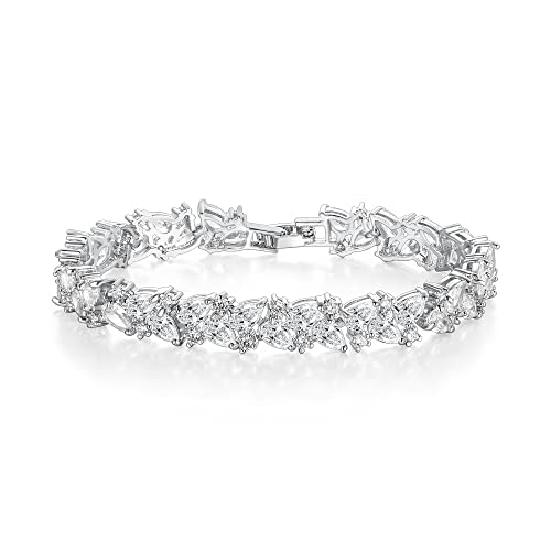 Crysdue Marquise Teardrop Cubic Zirconia Wedding Bridal & Prom Tennis Bracelets for Brides Bridesmaids, Silver/Gold/Rose Gold Plated Bracelet Gifts for Women - style: A_Silver Tone 7.5"