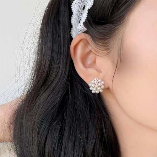 Minimalist Simulated Pearl Flower-Cluster Shape Non-pierced Clip On Earring | Clasp earrings | No piercing required | Pearl flower