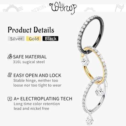 WBRWP 316L Stainless Steel Nose Hoop Rings Clicker with Zircon/Opal 14g-20g | Hypoallergenic Nose Rings Segment Clicker Lip Rings Cartilage Rook Conch Earrings Diameter 5mm-10mm - color: Gold ring with zircon and dangle-1pc pack