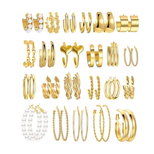 Gold Hoop Earrings Set for Women, Fashion Chunky Pearl Earrings Multipack Twisted Statement Earring Pack, Hypoallergenic Small Big Hoops Earrings for Birthday Party - color: Gold-23 Pairs