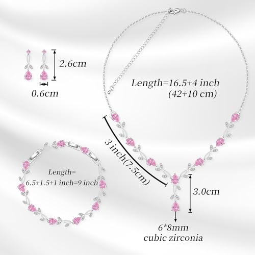 Jewelry Set for Women Bride Bridesmaid Wedding Party Prom Necklace Earrings Bracelet Set Gift for Mother Wife Friend - color: Pink
