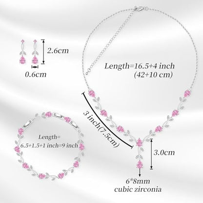 Jewelry Set for Women Bride Bridesmaid Wedding Party Prom Necklace Earrings Bracelet Set Gift for Mother Wife Friend - color: Pink
