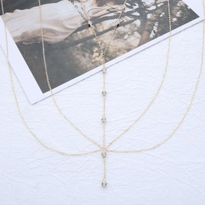 Rhinestone Body Chain Jewelry for Women Layered Diamond Cz Body Necklace Crystal Crossover Belly Waist Chain Bikini Accessory - color: Gold