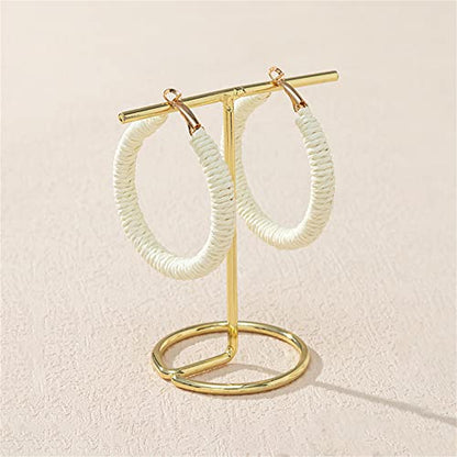 Handmade Rattan Earrings - Large Circle Braided Straw Wicker Drop Earrings - Light Weight Summer Hoops - color: G white