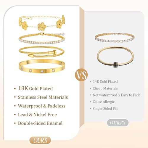 MOINSPIRE Gold Bracelets for Women, 18K Gold Plated Tennis Nail Clover love Bangle Bracelets Set Non Tarnish, Stainless Steel Trendy Stackable Bracelet Fashion Jewelry Accessories Gifts for Christmas - color: A1-Gold