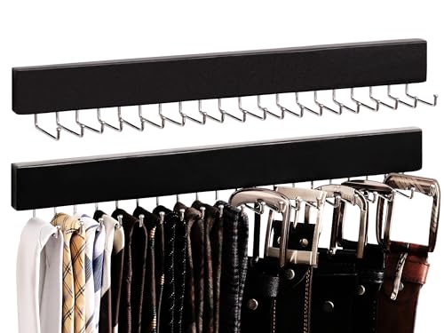 StorageWorks Tie Rack with 20 Hooks, 2 Set Wall Mounted Wood Hanger, Black | Sturdy Black Tie Rack Hanger with 180° Swivel Hooks, Wall-Mounted Space Saver for Ties, Belts, Scarves in Closet - color: Black (With 20 Hooks)