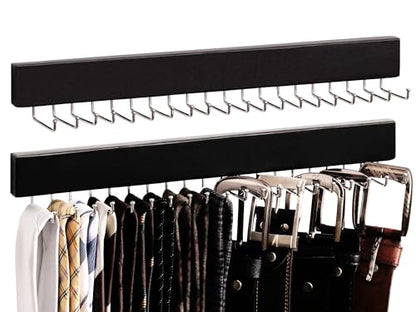 StorageWorks Tie Rack with 20 Hooks, 2 Set Wall Mounted Wood Hanger, Black | Sturdy Black Tie Rack Hanger with 180° Swivel Hooks, Wall-Mounted Space Saver for Ties, Belts, Scarves in Closet - color: Black (With 20 Hooks)