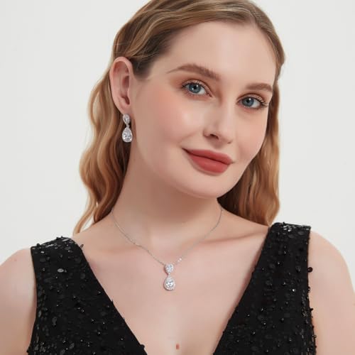 Bridal Jewelry Set for Women, Cubic Zirconia Teardrop Bride Bridesmaid Necklace and Earrings Set for Wedding Prom Formal - color: White Gold