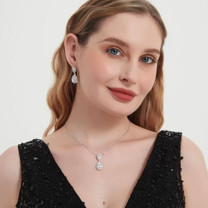 Bridal Jewelry Set for Women, Cubic Zirconia Teardrop Bride Bridesmaid Necklace and Earrings Set for Wedding Prom Formal - color: White Gold