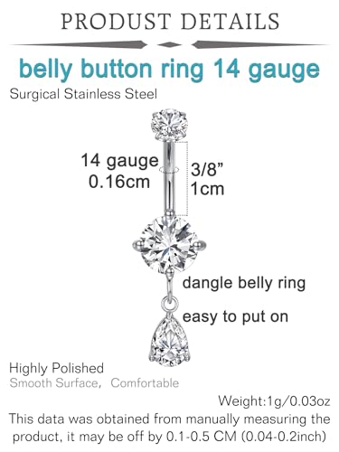 QWALIT Belly Button Rings 14G Surgical Steel Belly Rings CZ Opal Navel Piercing Jewelry for Women Girls 3/8" 10mm Silver Rose Gold - color: silver