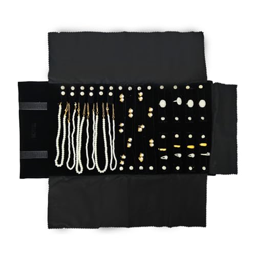 Travel Roll Bag Jewelry Display Storage Organizer Multi-function Velvet Pouch (Black) - color: Black
