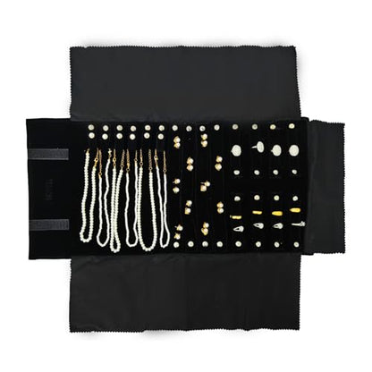 Travel Roll Bag Jewelry Display Storage Organizer Multi-function Velvet Pouch (Black) - color: Black