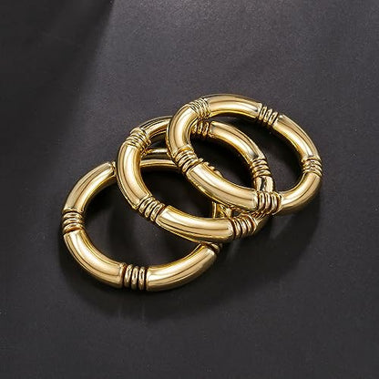 Gold Chunky Bangles Bracelets For Women 14k Gold Plated Stack Layered Curved Bamboo Tube Stretch Bracelets Gift Jewelry - color: 3pcs Gold